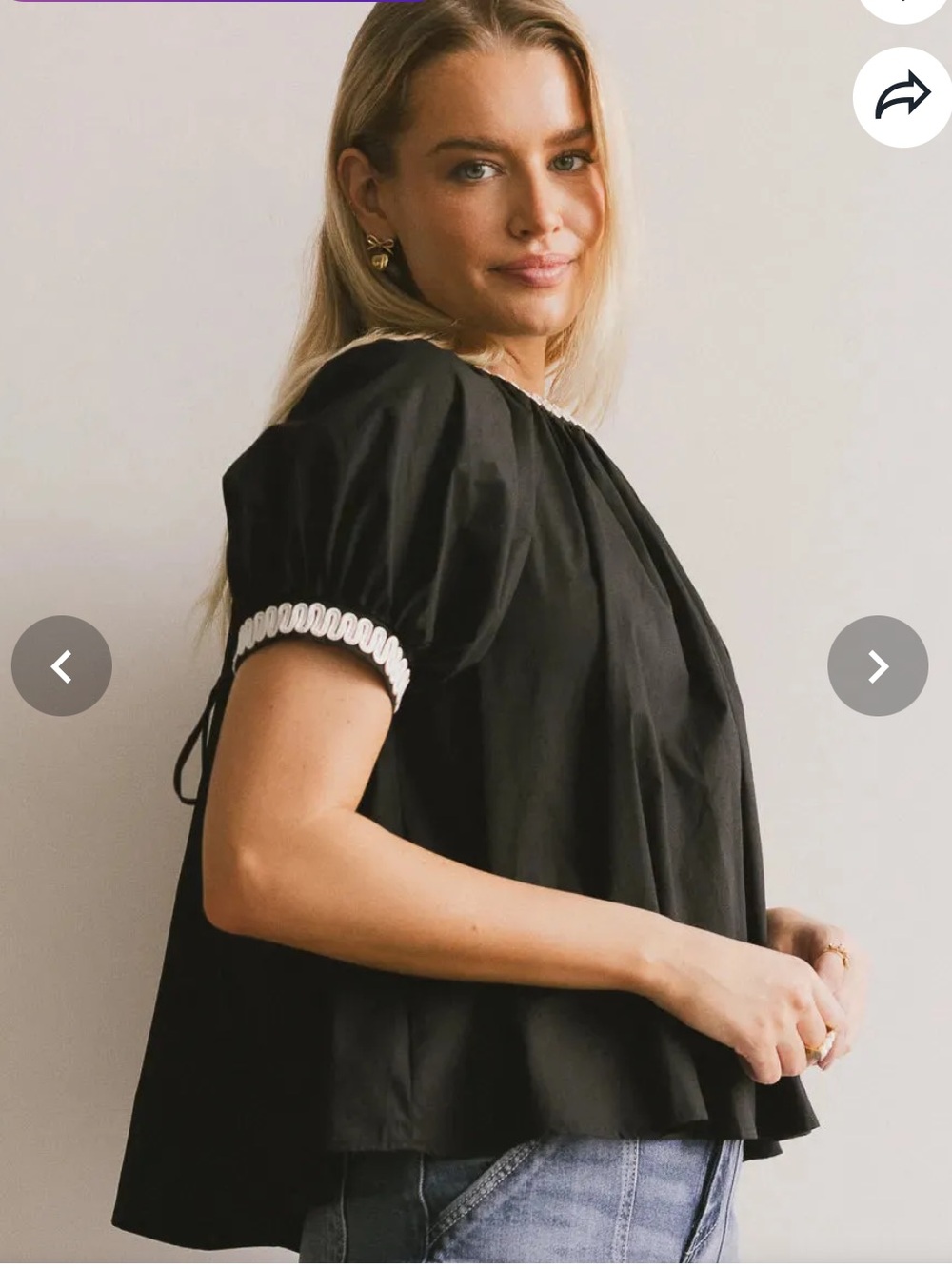 bohme Black Puff-Sleeve Peasant Top with White Trim
